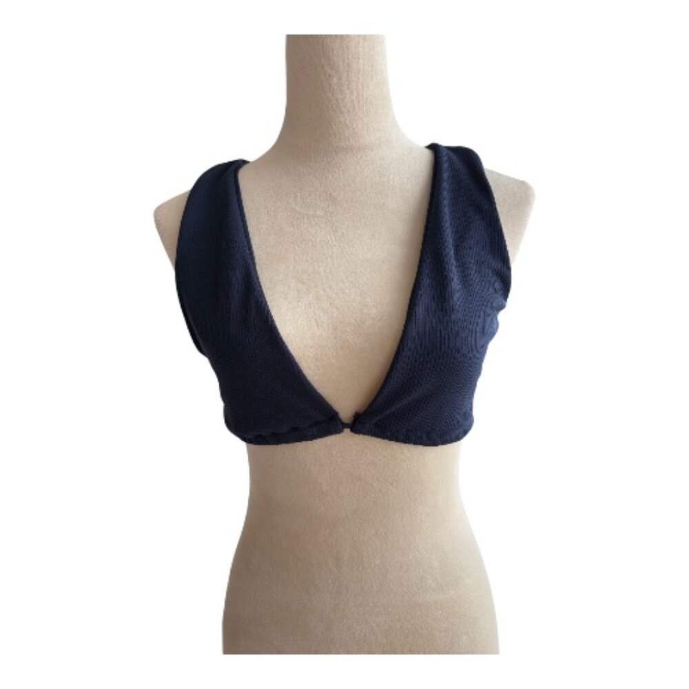 Deep V Navy Ribbed Bikini Top - Women's Swim